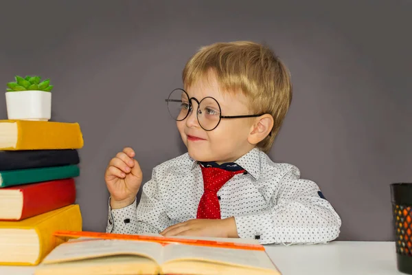 Cute Boy Glasses Sitting Desk Blond Nerd Glasses — Stock Photo, Image