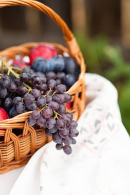 bir çitarka karşı hasır sepet içinde üzüm demet
