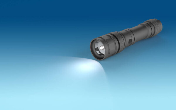 Фонарик и луч света на голубом фоне. 3d-рендеринг
