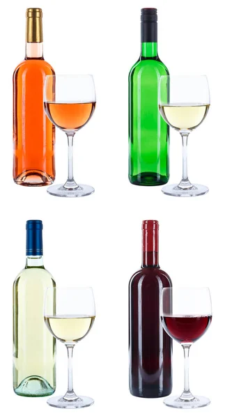 Weinflaschen Gläser Degustation Rot Weiß Rose Hochformat Isoliert Auf Weißem — Stockfoto