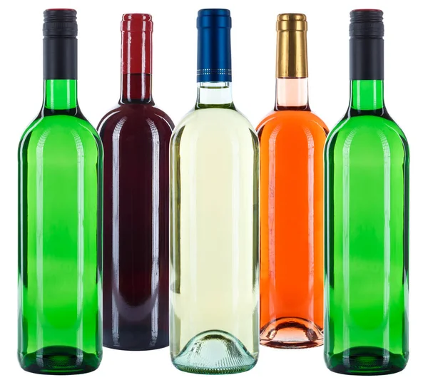Gruppe Von Weinflaschen Bunte Rote Weiße Rose Isoliert Auf Weißem — Stockfoto