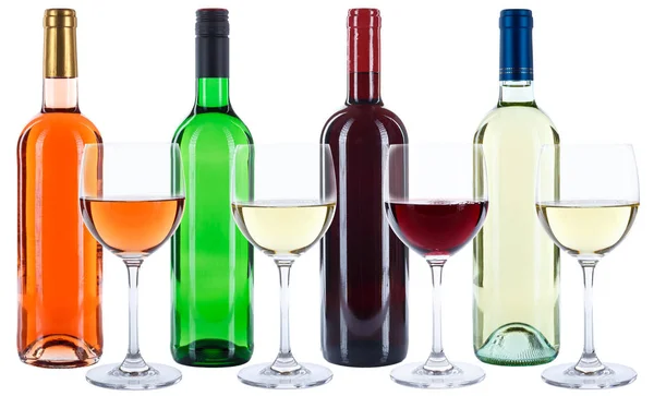 Wine Bottles Glasses Tasting Red White Rose Alcohol Isolated White — Stock Photo, Image