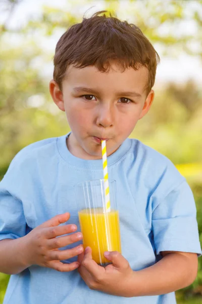 Ребенок Маленький Мальчик Пьет Апельсиновый Сок Напиток Открытый Формат Портрета — стоковое фото