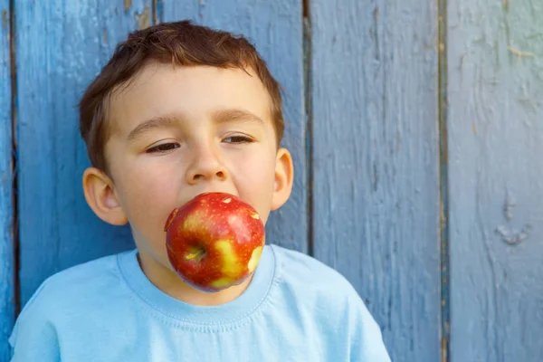 Apple Fruit Biting Child Kid Little Boy Copyspace Copy Space — Stock Photo, Image