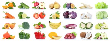 Çok meyve ve sebze izole toplama elma portakal limon marul domates renk beyaz bir arka plan üzerinde meyve