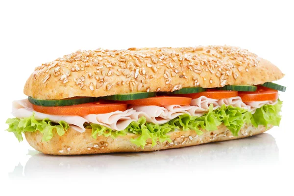 Baguette Sub Sándwich Con Granos Enteros Jamón Fresco Aislado Sobre — Foto de Stock