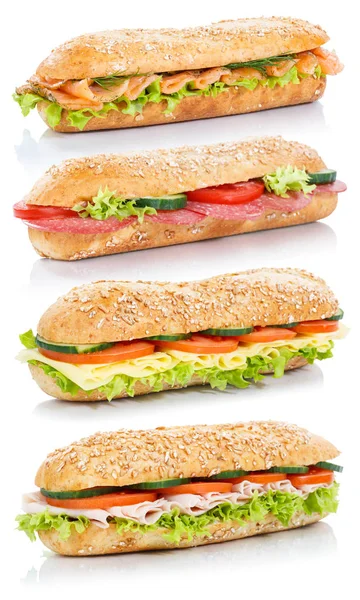 Baguette Sub Sandwiches Salami Ham Cheese Salmon Fish Stacked Whole — Stock Photo, Image