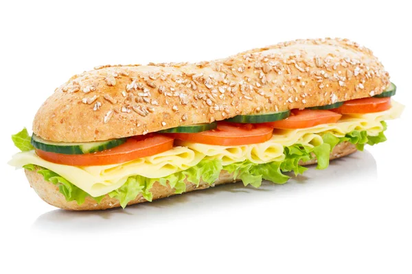 Baguette Sub Sandwich Whole Grain Grains Cheese Fresh Isolated White — Stock Photo, Image