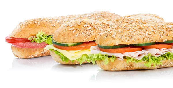 Baguette Sub Sandwiches Salami Ham Cheese Whole Grains — Stock Photo, Image