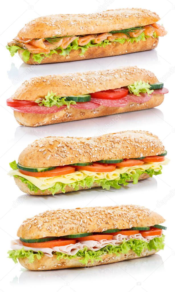 Baguette sub sandwiches with salami ham cheese salmon fish stacked whole grains fresh isolated on a white background