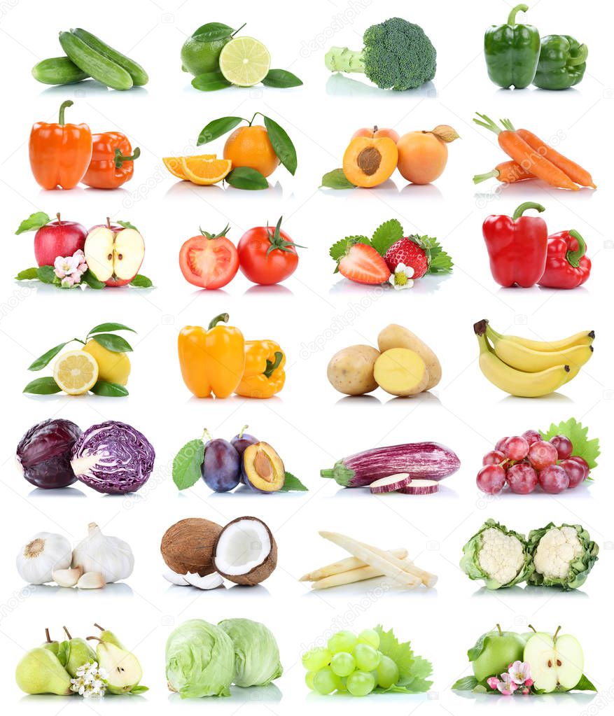 Fruit fruits and vegetables collection isolated apple orange lemon salad grapes colors tomatoes on a white background