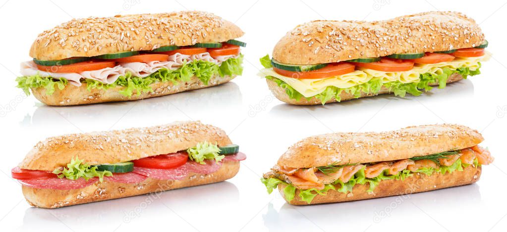 Collection of baguette sub sandwiches with salami ham cheese salmon fish whole grains fresh isolated on a white background