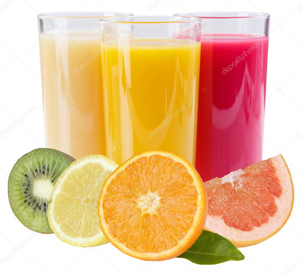 Juice smoothie in glass square fruits isolated on a white background