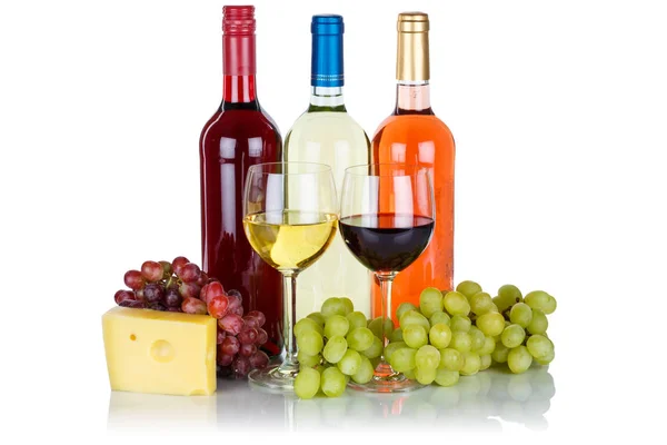 Rose Red Wine Cheese Wines Grapes Isolated White Background — Stock Photo, Image