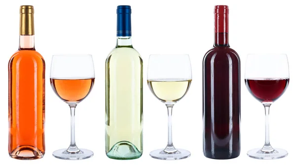 Vinflaskor Glas Vin Röd Vita Ros Isolerad Vit Bakgrund — Stockfoto