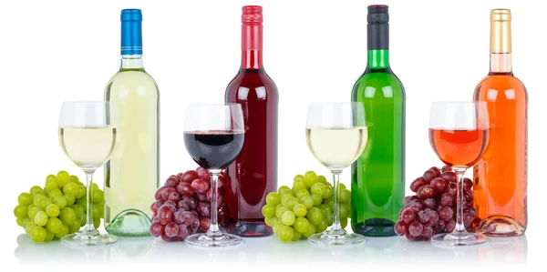 Wines Collection Bottle Glass Alcohol Beverage Grapes Isolated White Background — Stock Photo, Image