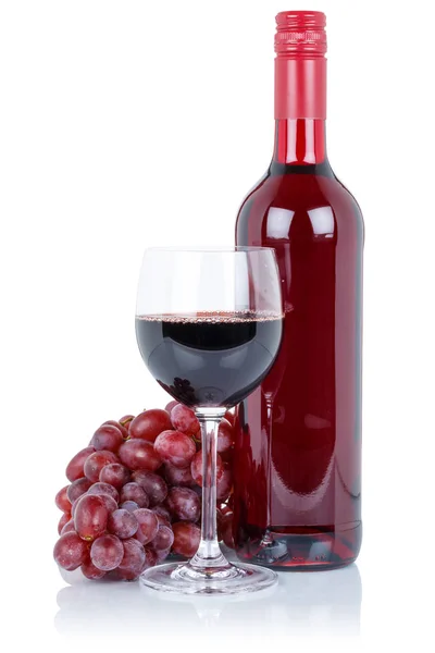Wine Bottle Glass Alcohol Beverage Red Grapes Isolated White Background — Stock Photo, Image