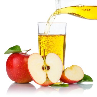 Elma suyu dökerek pour elma meyve meyve kare beyaz bir arka plan üzerinde izole