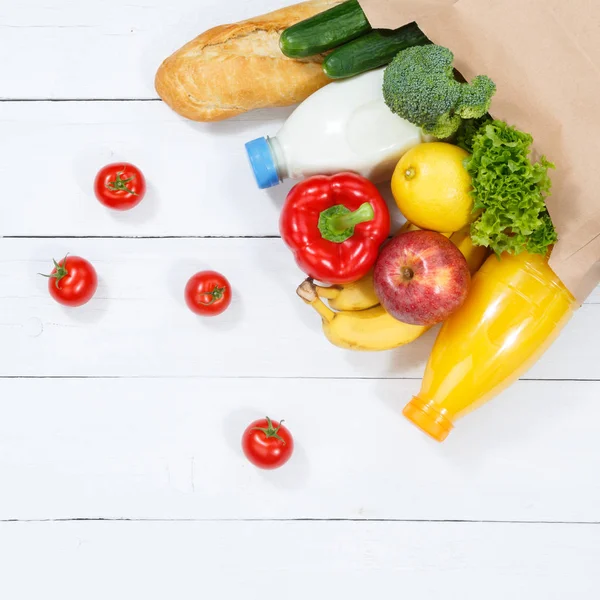 Aankoop Voedsel Koopt Vruchten Groenten Vierkante Papieren Zak Houten Plank — Stockfoto