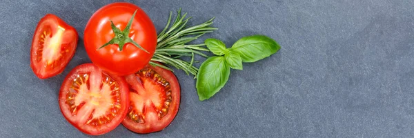 Tomaten Groenten Van Tomaten Met Basilicum Uit Bovenstaande Banner Leisteen — Stockfoto