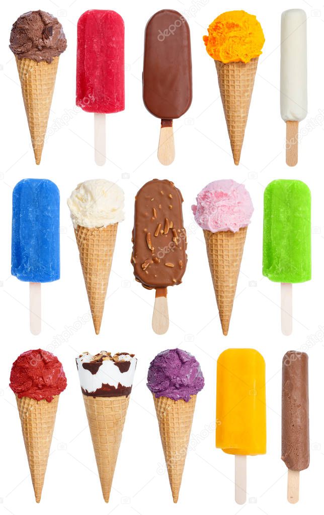 Collection of ice cream ice-cream icecream portrait format variety stick isolated on a white background