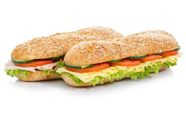 Baget alt sandviç jambon ve peynir beyaz bir arka plan üzerinde izole