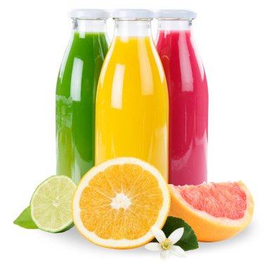 Suyu güler yüzlü turuncu meyve smoothies şişe kare beyaz bir arka plan üzerinde izole meyve