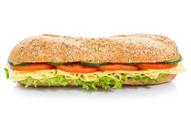 Baget alt sandviç kepekli tahıllar ile beyaz bir arka plan üzerinde izole peynir lateral