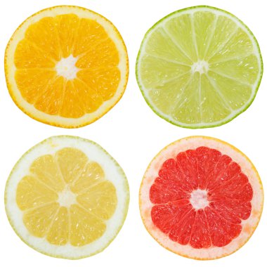 Narenciye meyve portakal limon dilimleri beyaz bir arka plan üzerinde izole kare dilimlenmiş topluluğu