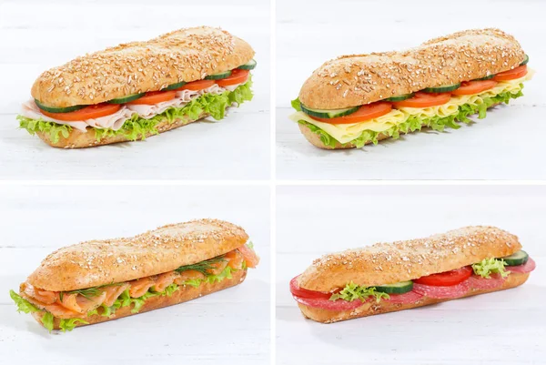 Collection Baguette Sub Sandwiches Salami Ham Cheese Salmon Fish Whole — Stock Photo, Image