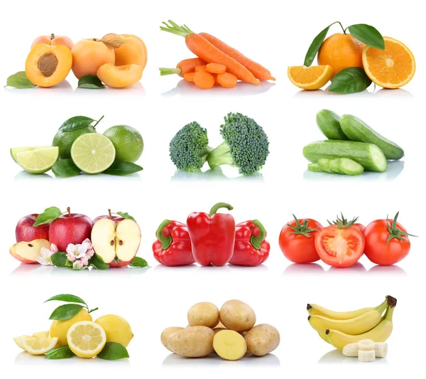 水果和蔬菜收集孤立苹果西红柿橙色香蕉颜色新鲜水果在白色背景上 — 图库照片