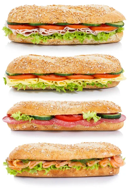 Collectie Van Stokbrood Met Salami Ham Kaas Zalm Vissen Laterale — Stockfoto