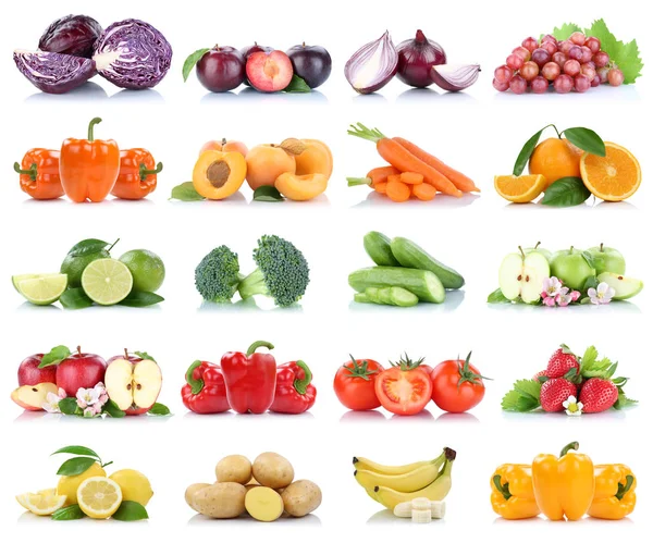 Colección Frutas Verduras Aisladas Manzana Tomates Naranja Uvas Plátano Colores —  Fotos de Stock