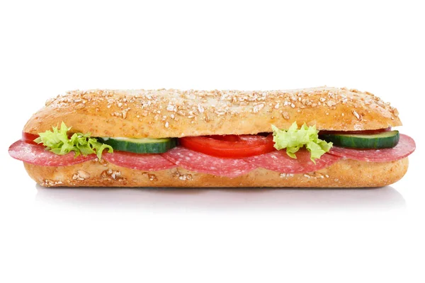 Baguette Sub Sanduíche Com Salame Grãos Inteiros Laterais Isolado Fundo — Fotografia de Stock