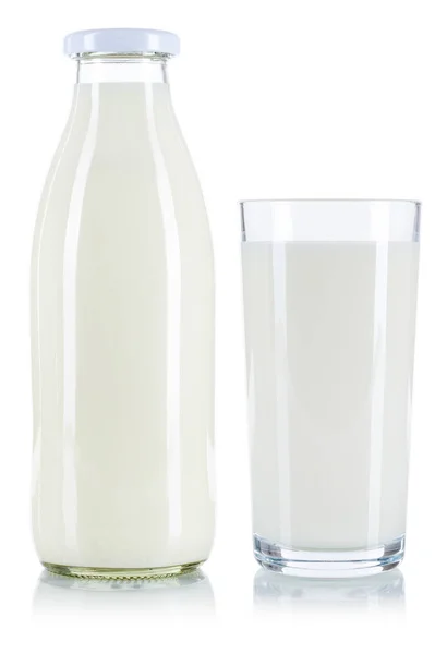 Ποτήρι Γάλα Και Ένα Μπουκάλι Που Απομονώνονται Λευκό Φόντο — Φωτογραφία Αρχείου