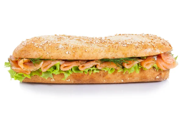 Baguette Sub Sandwich Whole Grains Salmon Fish Lateral Isolated White — Stock Photo, Image