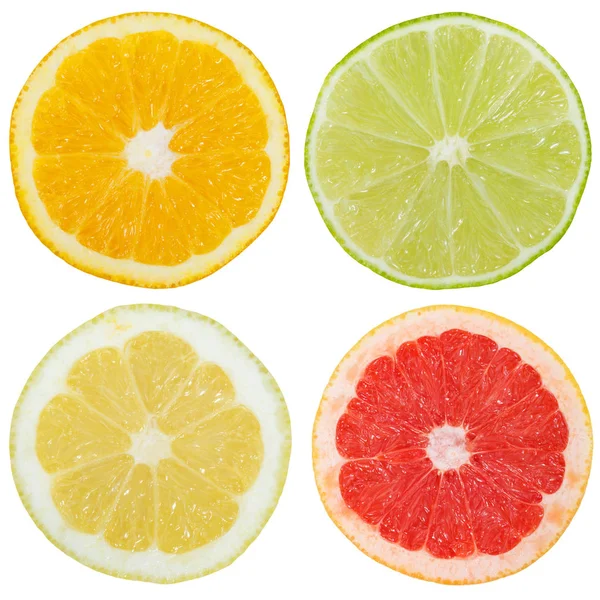 柑橘类水果的收集橙色柠檬切片被隔离在白色背景上的方形切片 — 图库照片