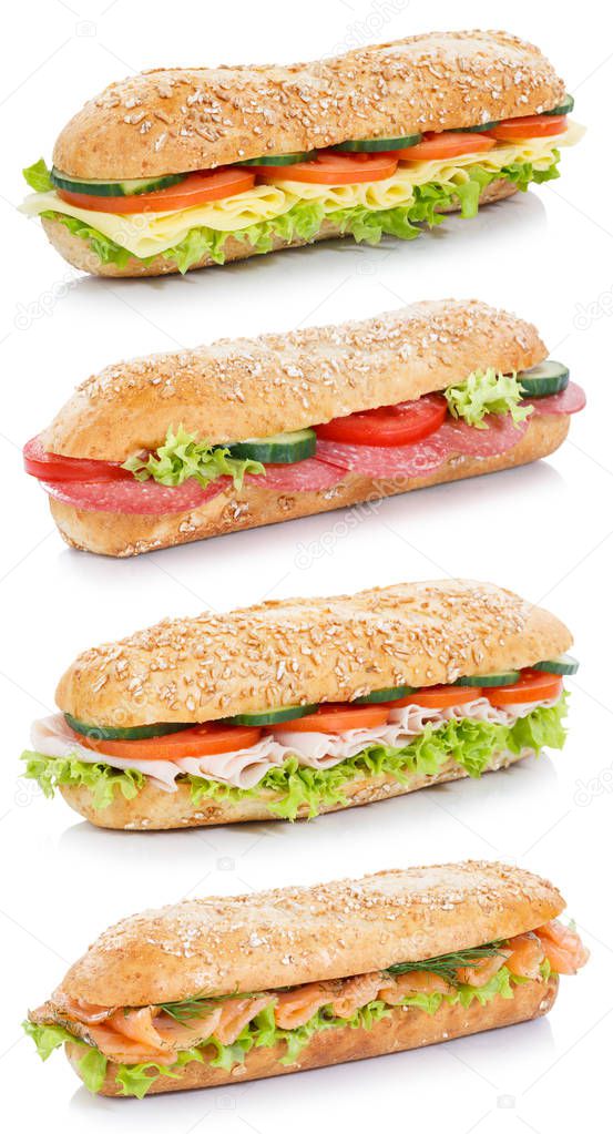 Collection of baguette sub sandwiches salami ham cheese salmon fish whole grains fresh portrait format isolated on a white background