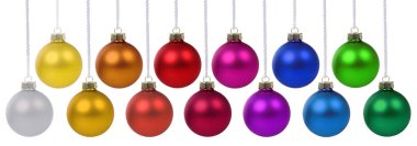 Noel topları baubles deco renkleri dekorasyon asılı beyaz bir arka plan üzerinde izole banner