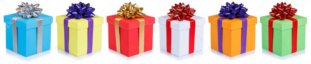 Birthday gifts christmas presents in a row boxes isolated on a white background