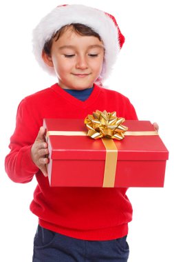 Çocuk çocuk Noel hediye Noel Baba sürpriz beyaz bir arka plan üzerinde izole