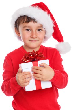 Çocuk çocuk çocuk Noel hediyesi mevcut beyaz bir arka plan üzerinde izole Noel Baba sürpriz
