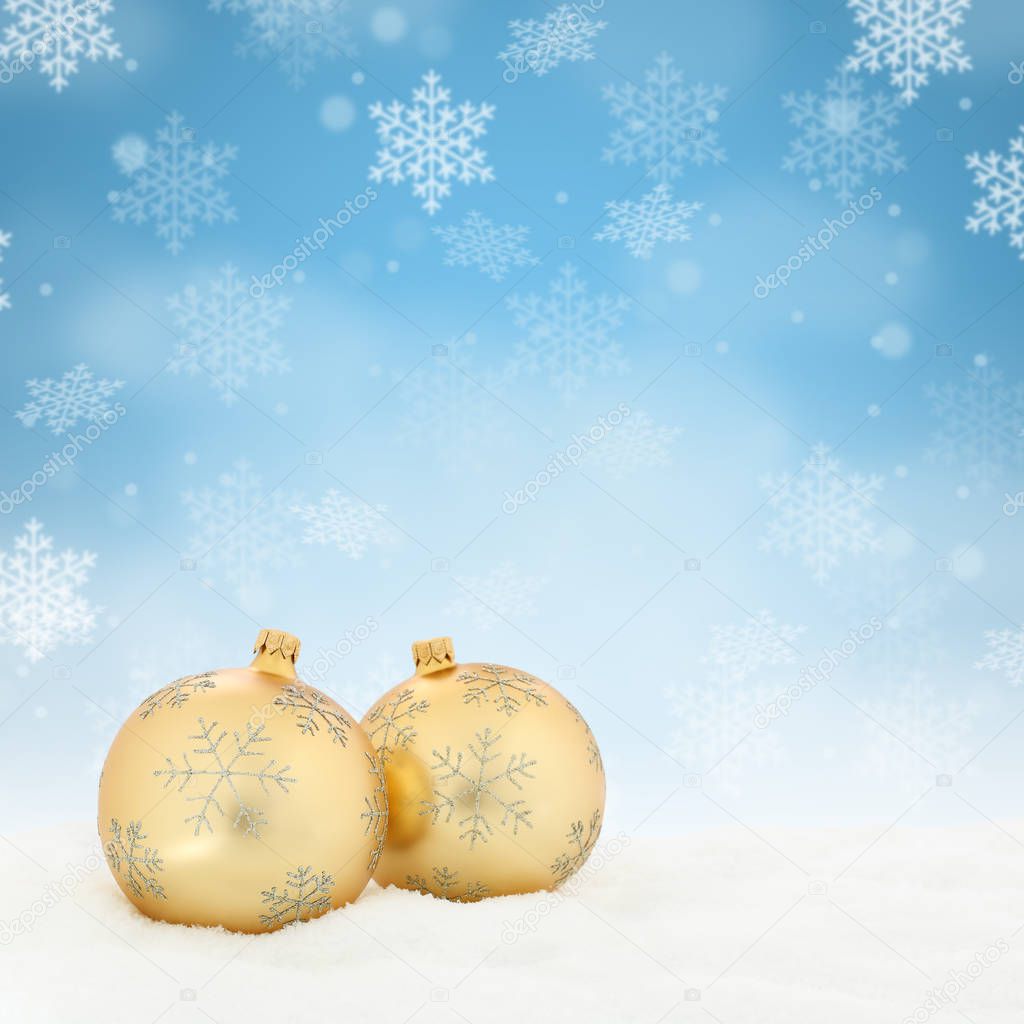 Christmas golden balls baubles background decoration square winter snow snowflakes copyspace