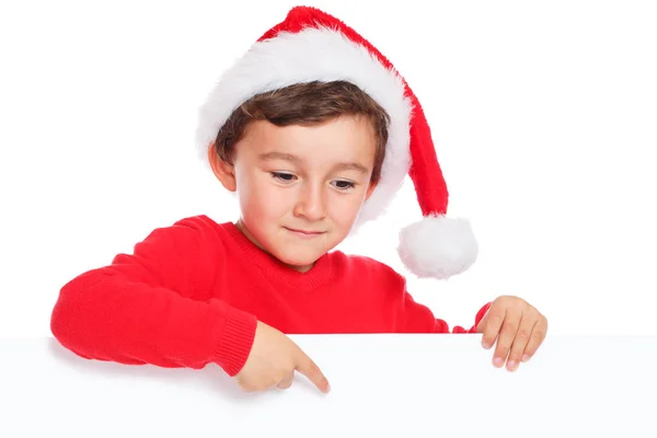 Детский Мальчик Рождество Санта Клаус Указывая Пустой Баннер Копирайта Изолированное — стоковое фото