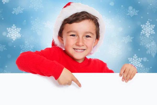 Kind Jongen Jongen Christmas Santa Claus Aanwijsapparaat Gelukkig Leeg Banner — Stockfoto