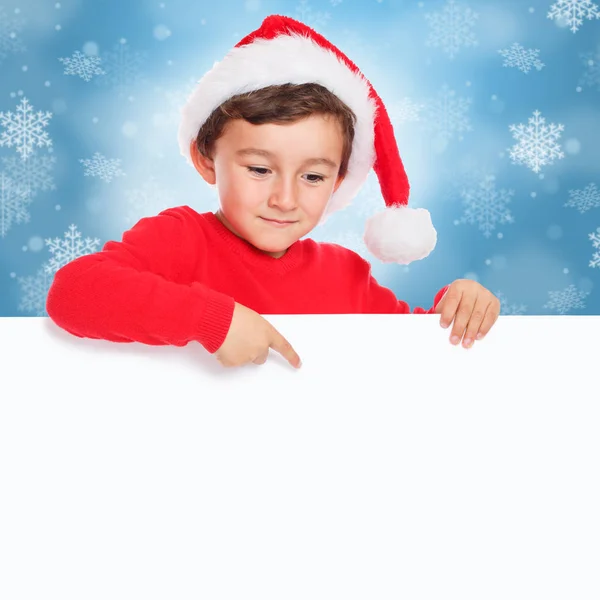Kerst Kind Kind Jongen Santa Claus Aanwijsapparaat Lege Banner Teken — Stockfoto
