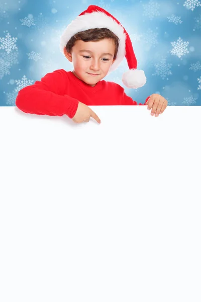 Kerst Kind Kind Jongen Santa Claus Aanwijsapparaat Lege Banner Teken — Stockfoto