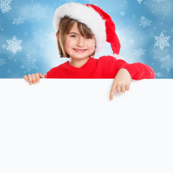 Niño Niño Niña Navidad Santa Claus Señalando Feliz Banner Vacío — Foto de Stock
