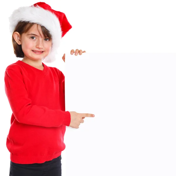 Criança Criança Menina Natal Papai Noel Apontando Banner Vazio Espaço — Fotografia de Stock