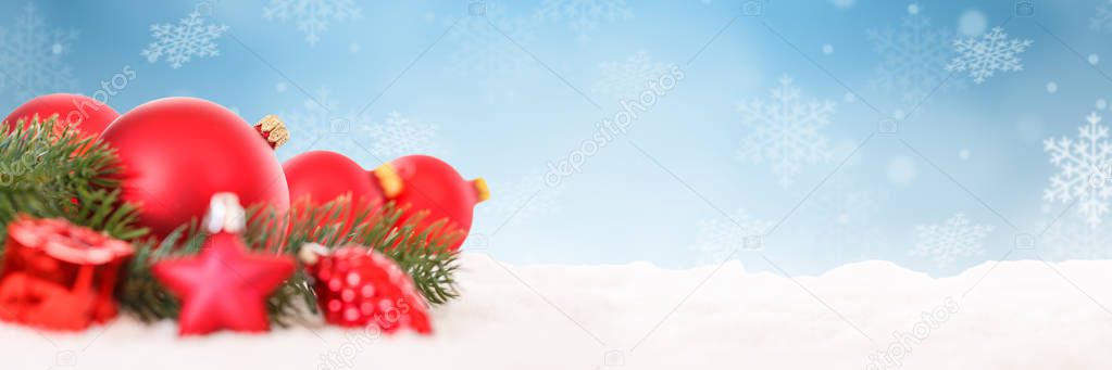 Christmas balls red decoration baubles snow winter banner copyspace copy space text